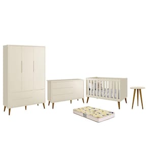 Dormitório Infantil Theo Retrô 3 Portas, Cômoda 1 Porta, Berço, Mesa de Apoio com Pés Amadeirado e Colchão D18 - Reller Móveis