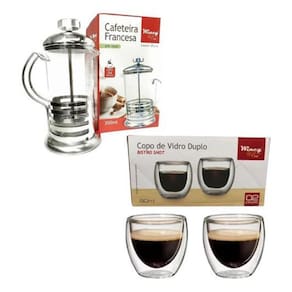 Cafeteira Francesa + 2 Copos Vidro Duplo Shot 350ml