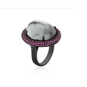 Anel Cabochão Ródio Negro E Zircônia Rosa 13