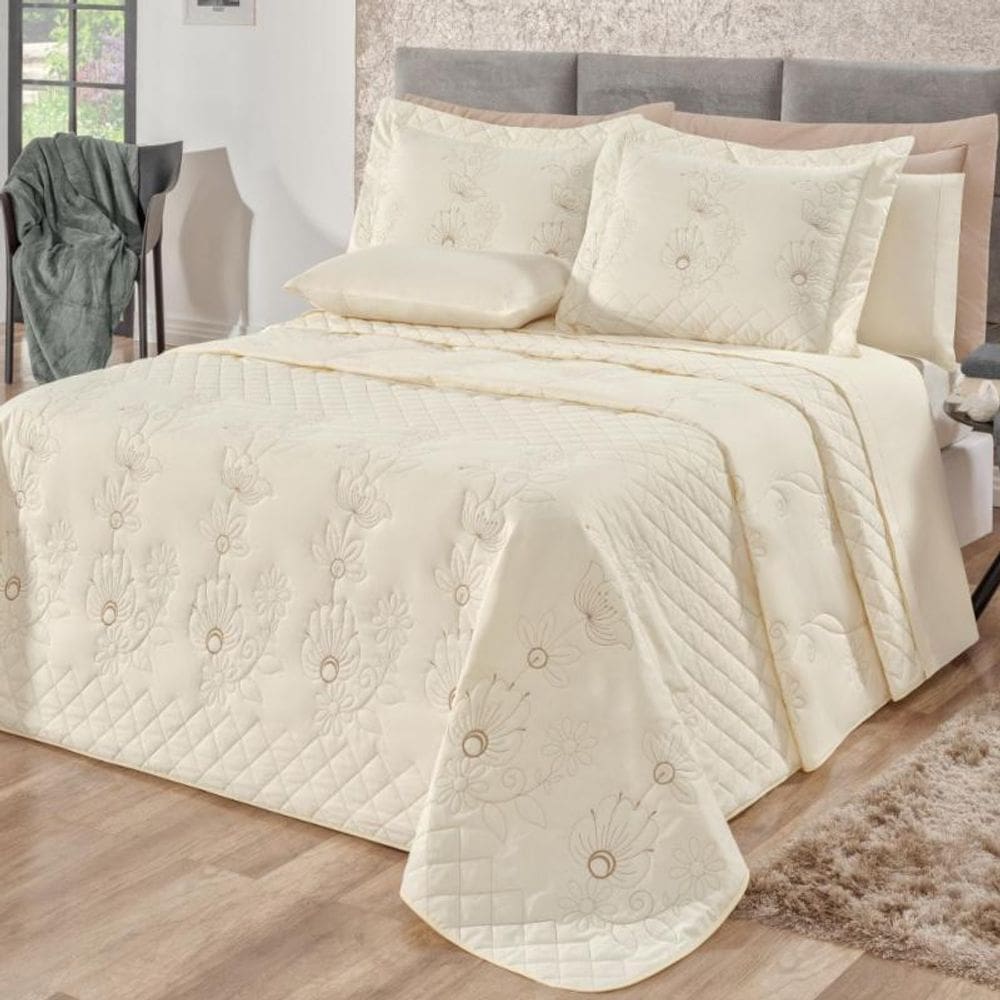 Kit Cobre Leito Casal Queen Mirabello 5 Pç Bordado Marfim