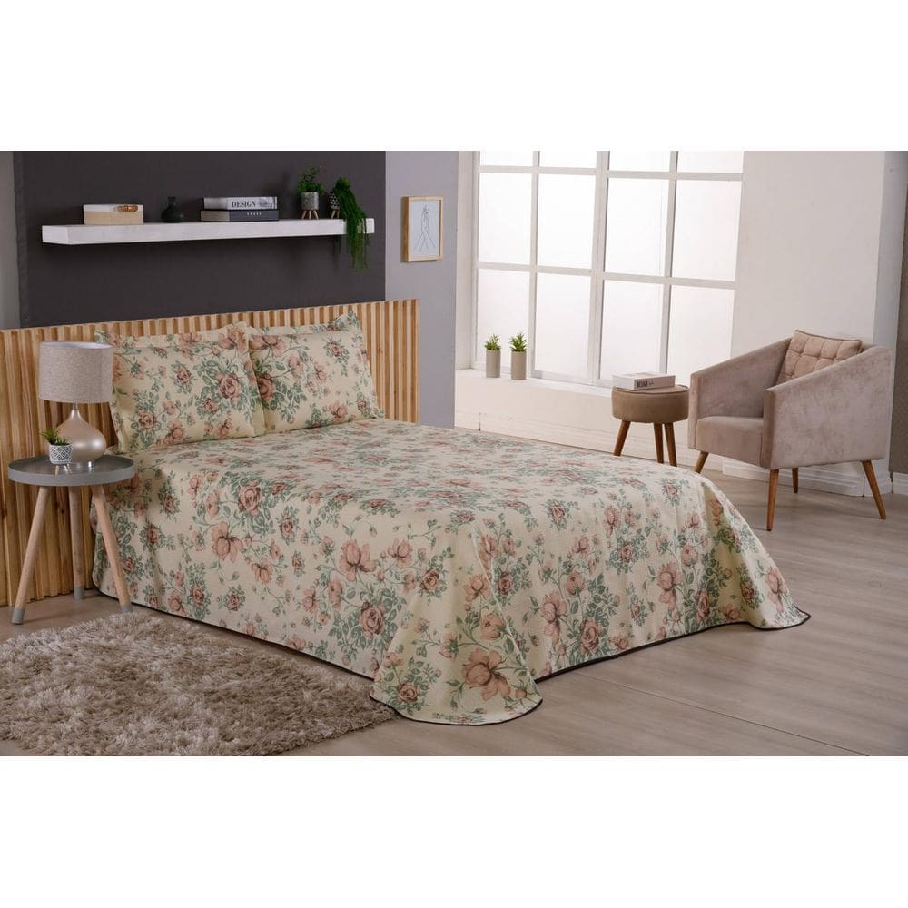 Cobre Leito Viena Casal King 3 Peças Margarida Bege