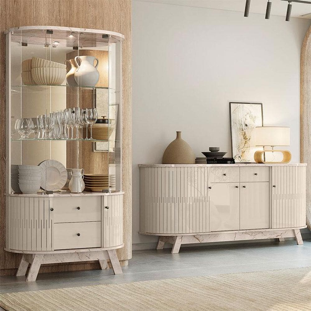 Aparador para Sala Buffet Ambiente Mônaco e Cristaleira Moss Calacata Off White – Madetec