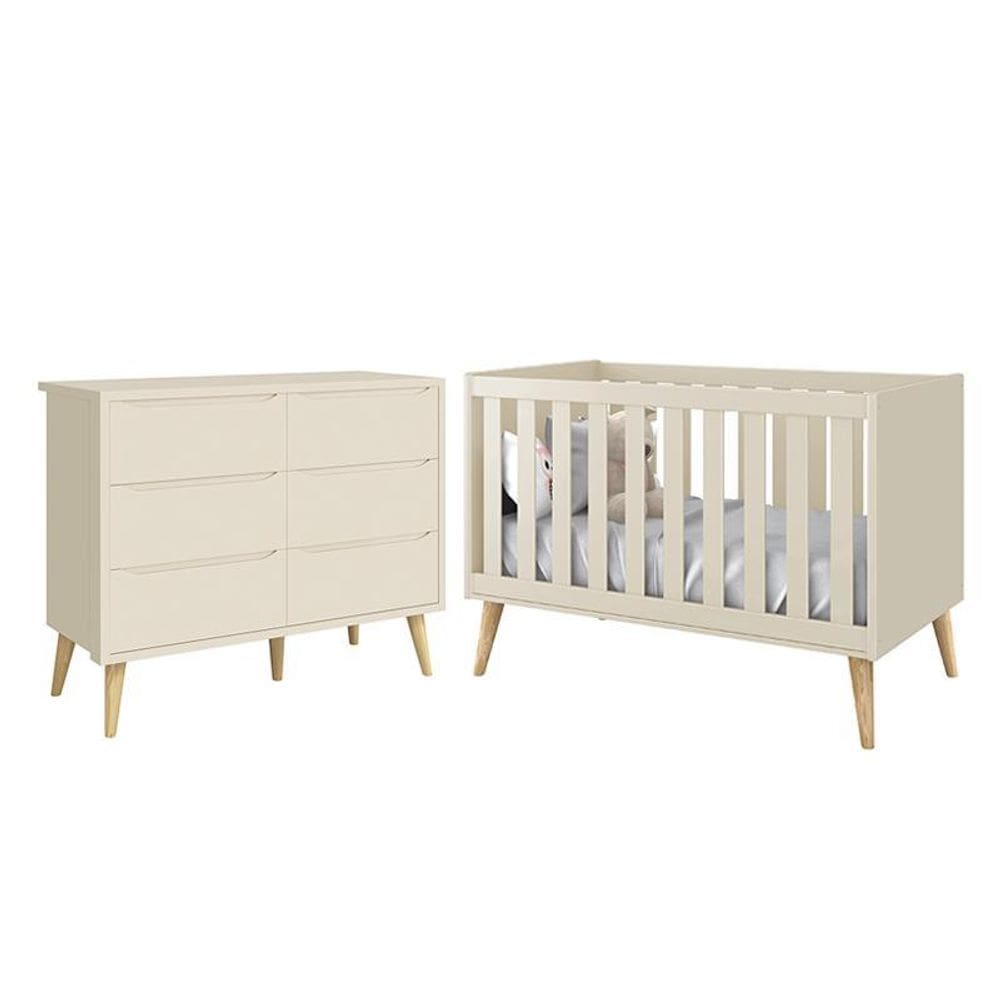 Jogo de Quarto Infantil Theo Cômoda 6 Gavetas e Berço com Pés Madeira Natural - Reller Móveis