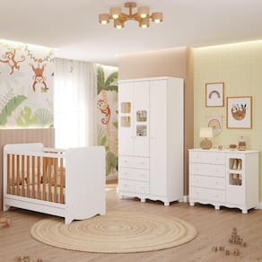 Quarto de Bebê Completo com Berço Americano Ben 3 Em 1 Guarda Roupa 3 Portas e Cômoda Uli 4 Gavetas 100%MDF Móveis Peroba