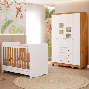 Quarto de Bebê Completo Berço Americano Ben 3 Em 1 Guarda Roupa 4 Portas 3 Gavetas Uli 100%MDF Móveis Peroba