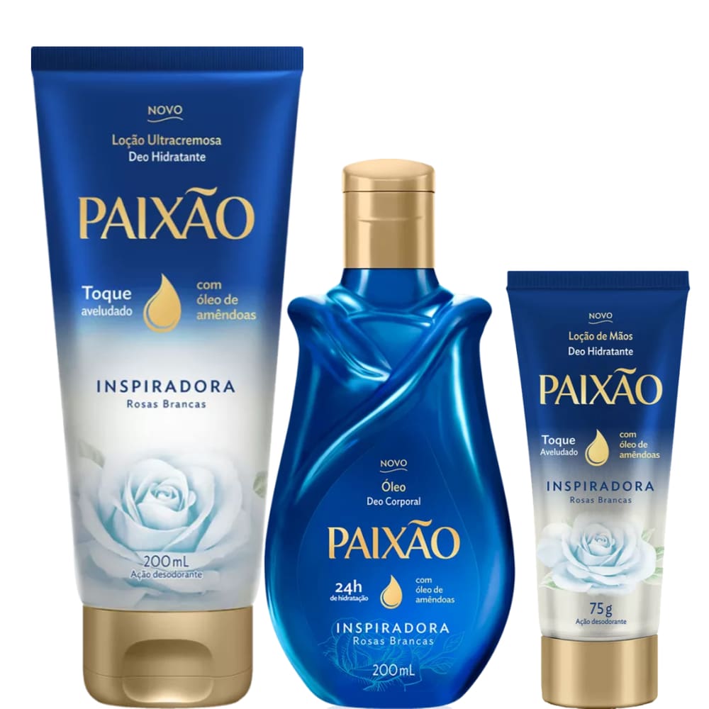 Kit Paixão Inspiradora Rosas Brancas Hidratante Corporal Bisnaga + Óleo Corporal + Creme para Mãos