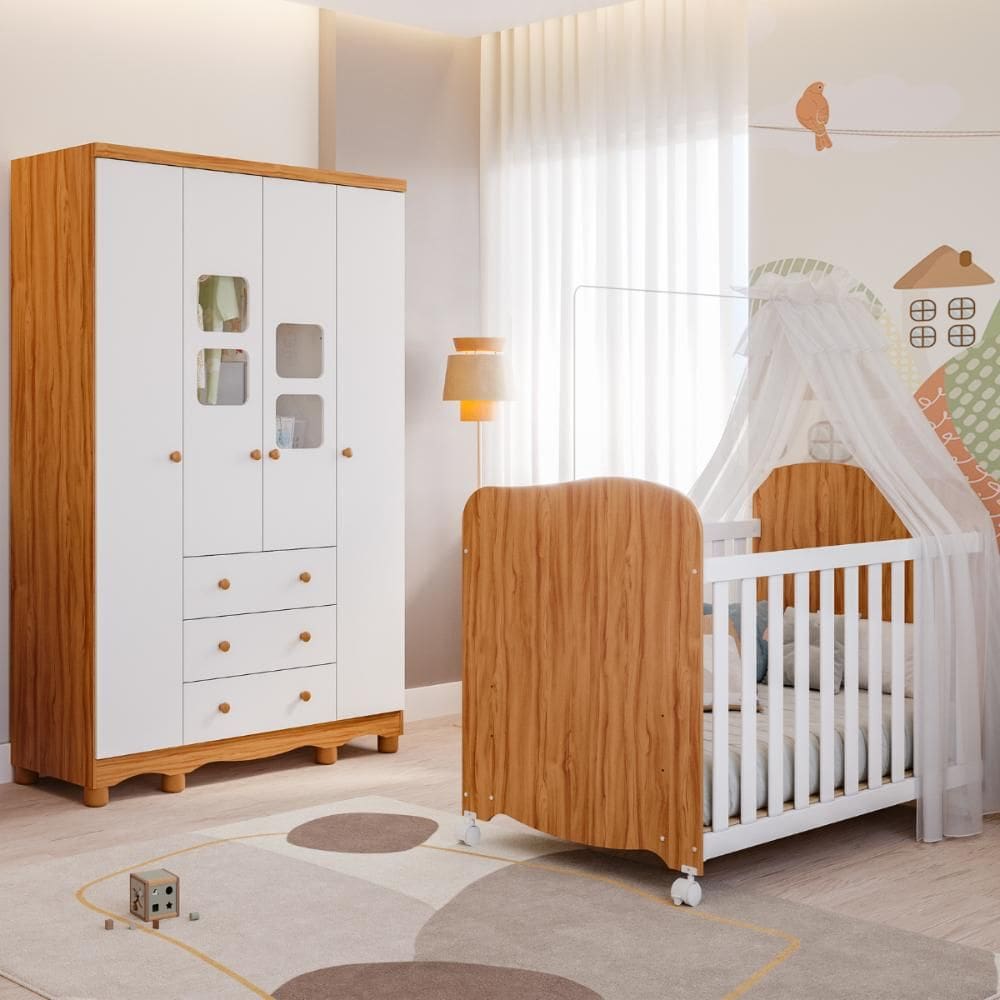 Quarto de Bebê Completo Uli com Guarda Roupa 4 Portas 3 Gavetas e Berço Americano 100%MDF Móveis Peroba