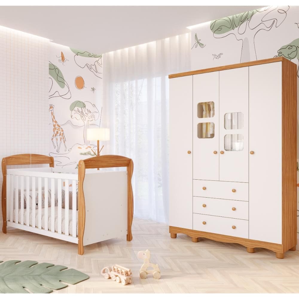 Quarto de Bebê Completo Berço Americano Marquesa 3 Em 1 Guarda Roupa Uli 4 Portas 3 Gavetas Branco Carvalho 100% MDF Móveis Peroba