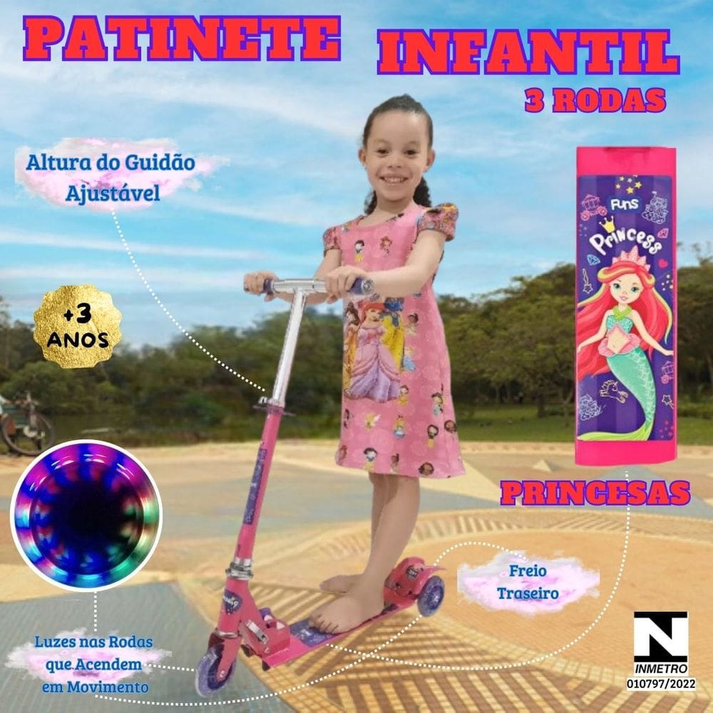 Patinete Infantil 3 Rodas Luz Guidão Regulável Menino Menina