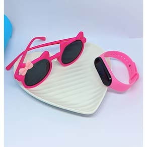 Kit Relógio Infantil Silicone Ajustável  Prova água + Óculos de Sol Menina Gatinho Formato Gato com Laço Tendência