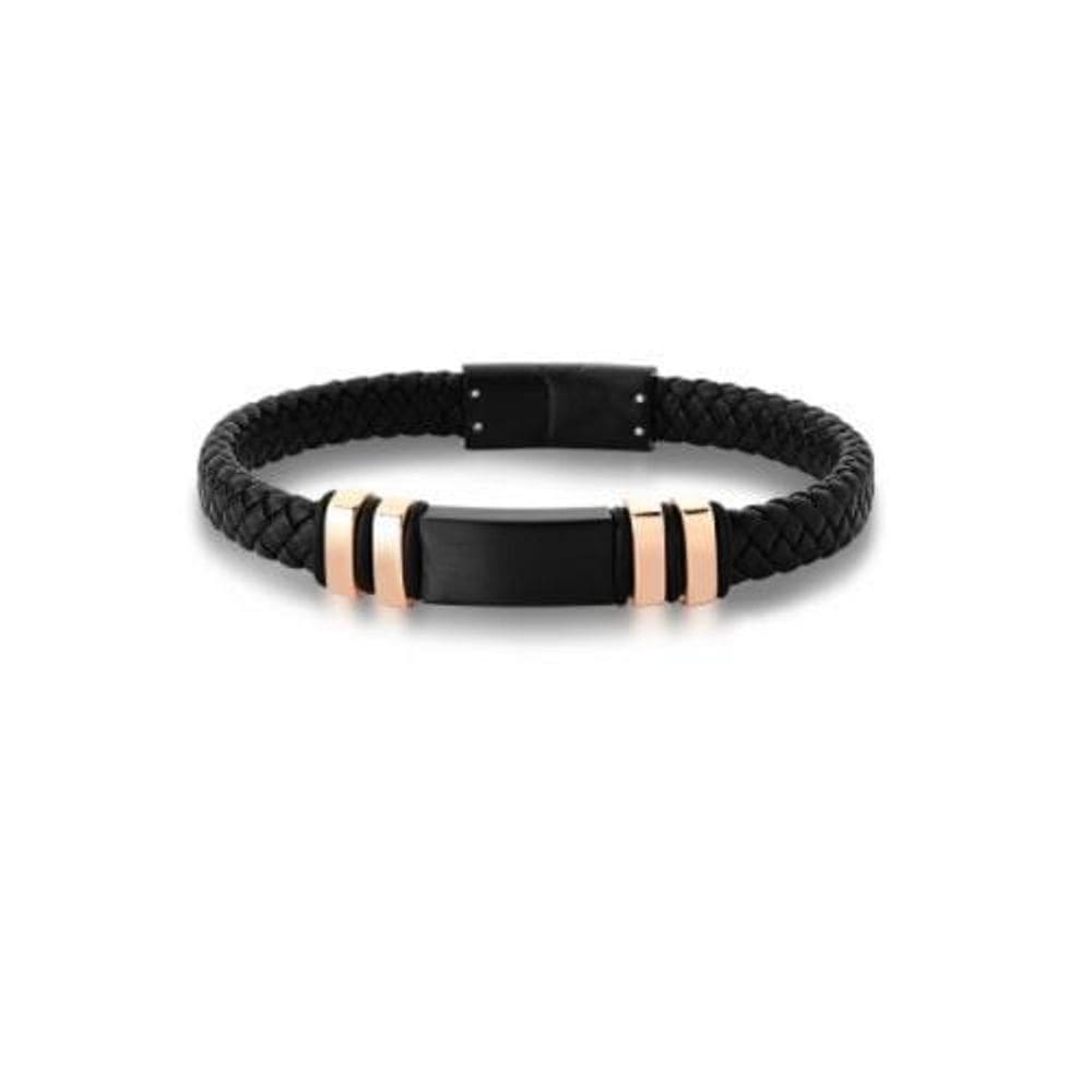 Pulseira Masculina Courino Trançado E Placa Negra E Aço Rosê