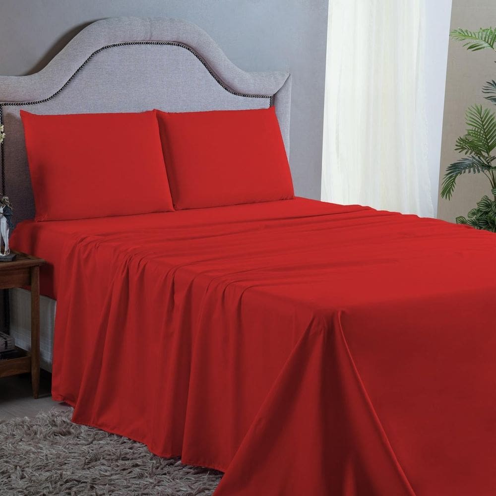 Cama Queen 4 pç Lençol e Fronhas Premium 400 Fios Vermelho