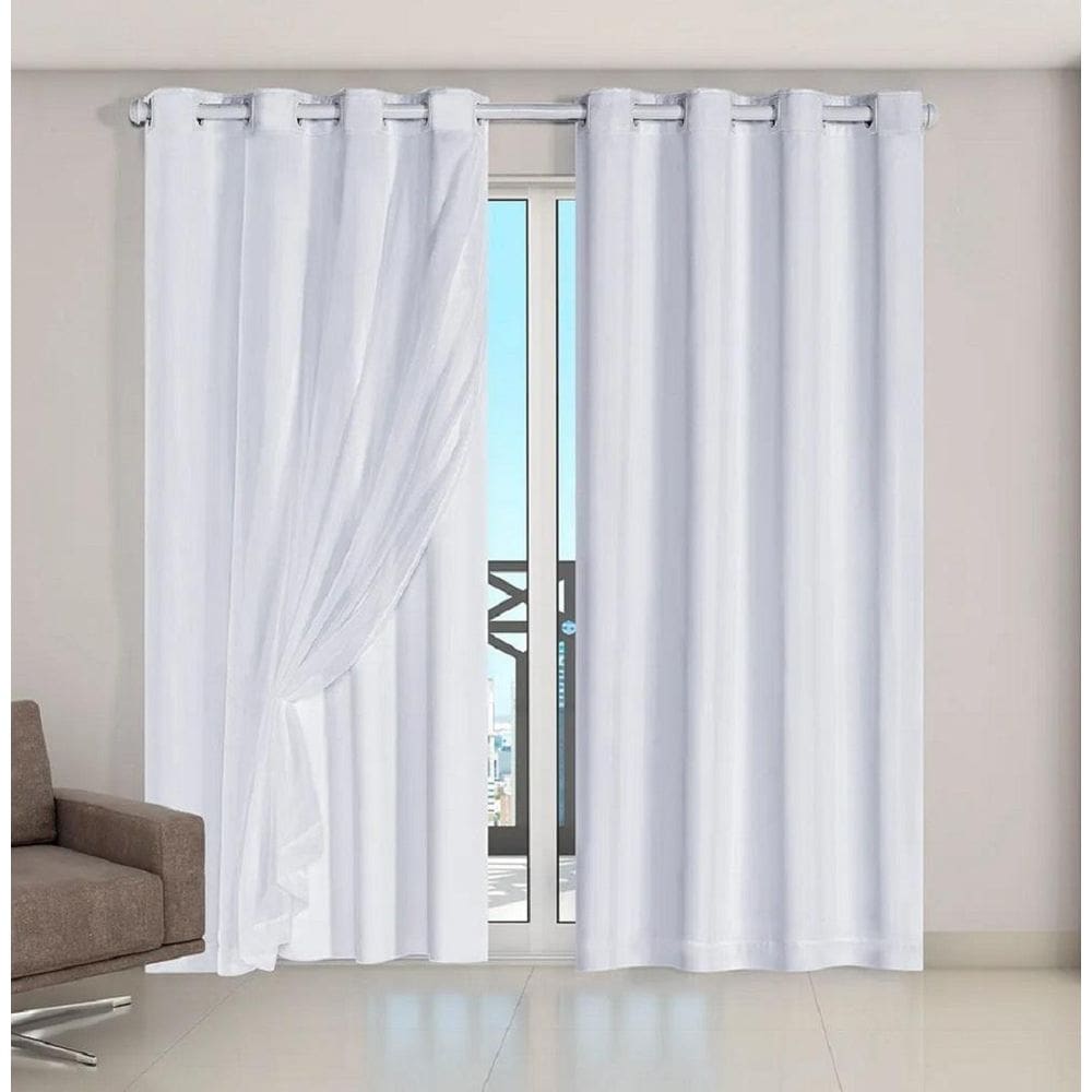 Cortina Voil Xadrez Com Forro Blackout 6,00 X 2,80 Gelo