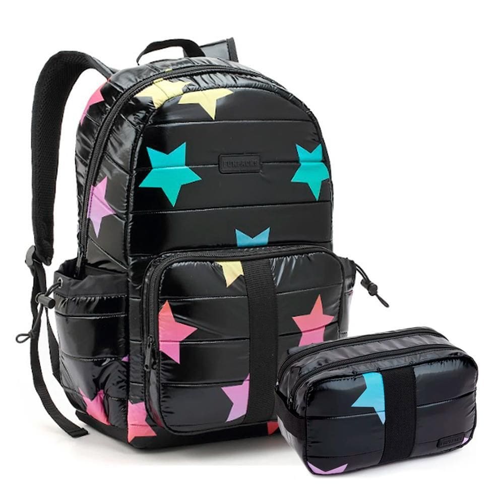 Mochila De Costas + Estojo Duplo Estrelas Preto Funpacks