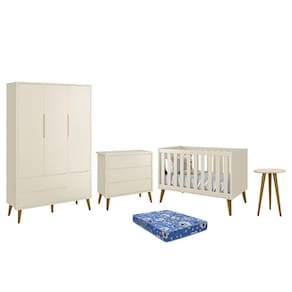 Dormitório Infantil Theo Retrô 3 Portas, Cômoda, Berço, Mesa de Apoio com Pés Amadeirado e Colchão - Reller Móveis