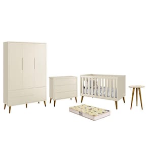 Dormitório Infantil Theo Retrô 3 Portas, Cômoda, Berço, Mesa de Apoio com Pés Amadeirado e Colchão D18 - Reller Móveis