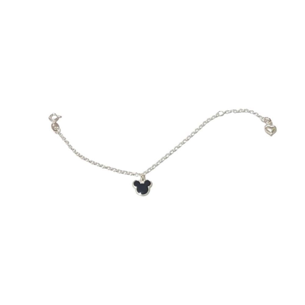 Pulseira Prata Infantil Pingente Mickey e Coração Liso