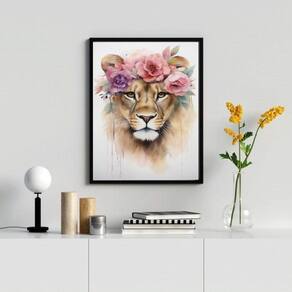 Leoa com Coroa de Flores - Quadro 33x24cm - Moldura Preta