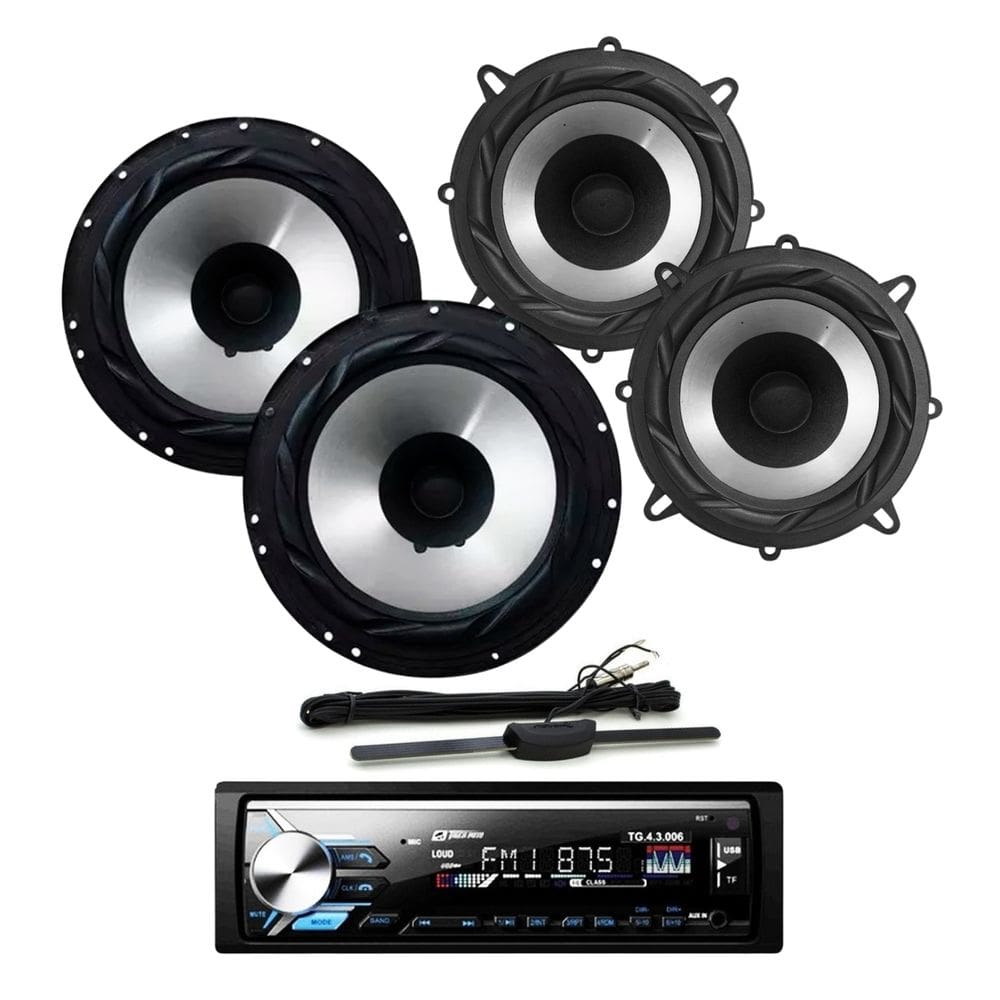 Rádio Tiger Auto TG0403.006 BT/USB/SD/FM/Aux + Par Alto Falantes 6 e 5 Bomber 200w + Antena Rádio