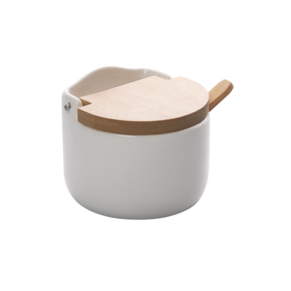 Saleiro de Mesa de Cerâmica com Tampa de Bambu e Colher Bianco 10cm x 9,5cm x 9,5cm - Lyor