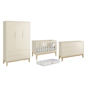 Dormitório Classic 3 Portas com Pés Madeira Natural e Colchão D18 Branco - Reller Móveis