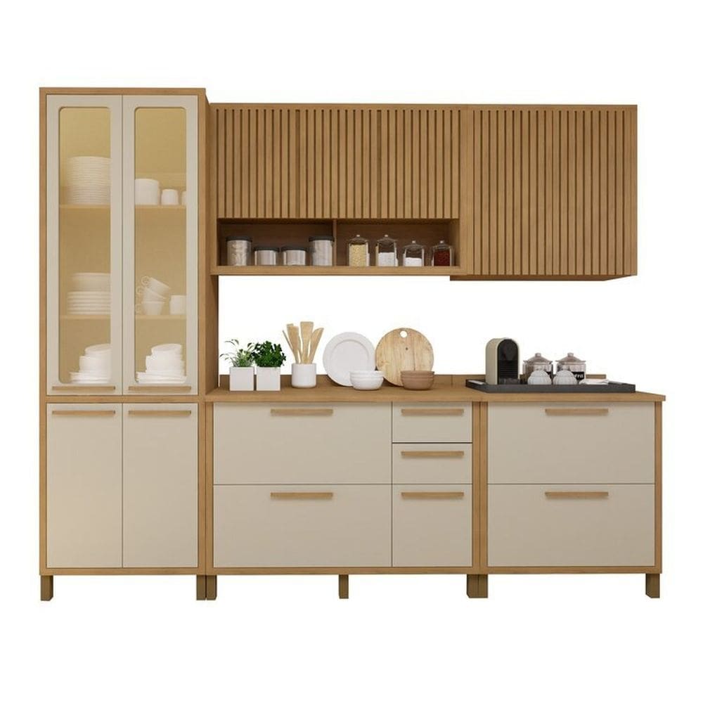 Cozinha Completa Torino com 2 Aéreos, 1 Paneleiro Porta de Vidro e 2 Balcões Cinamomo/Off White
