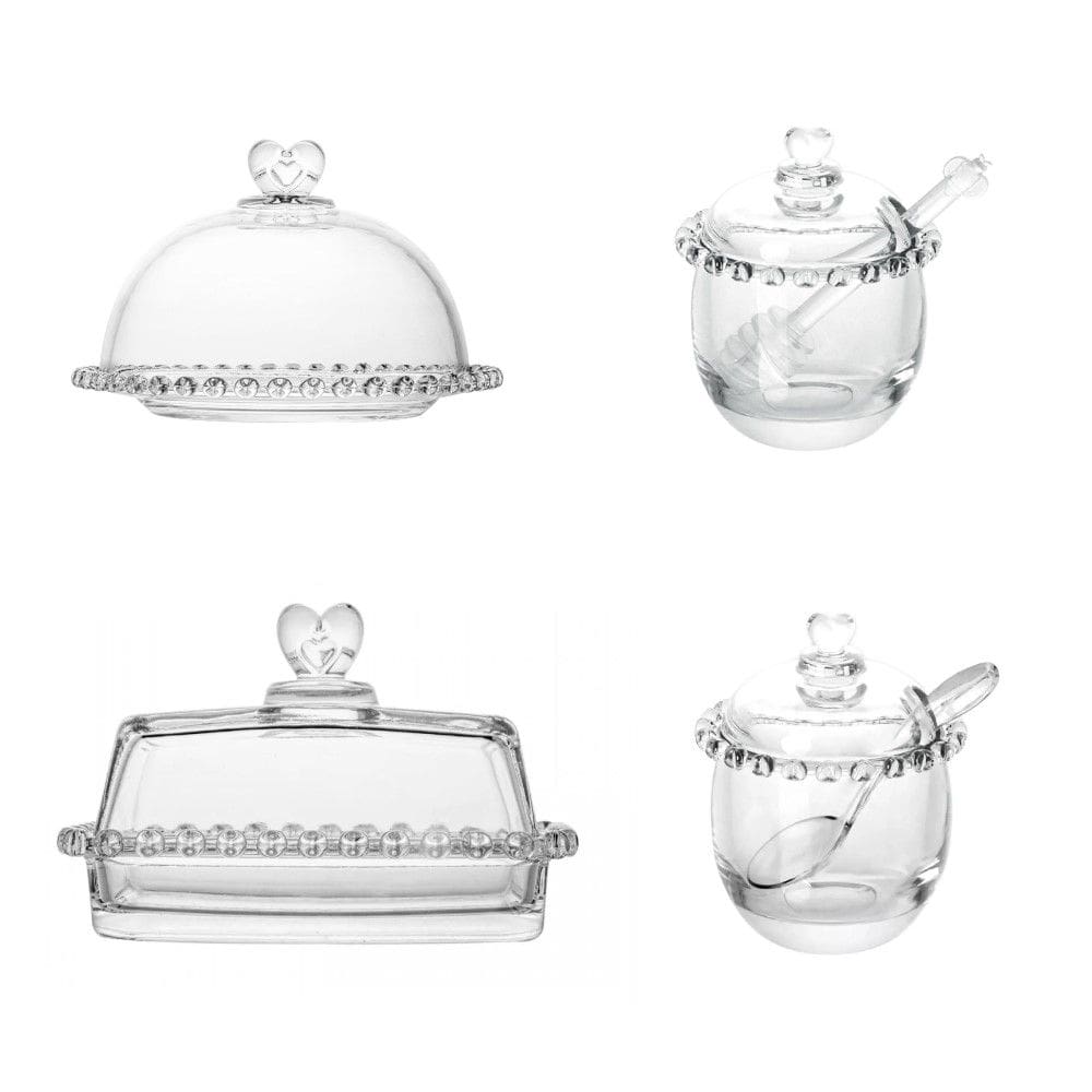 Kit Queijeira + Manteigueira + Meleira + Açucareiro de Cristal Coração Lyor