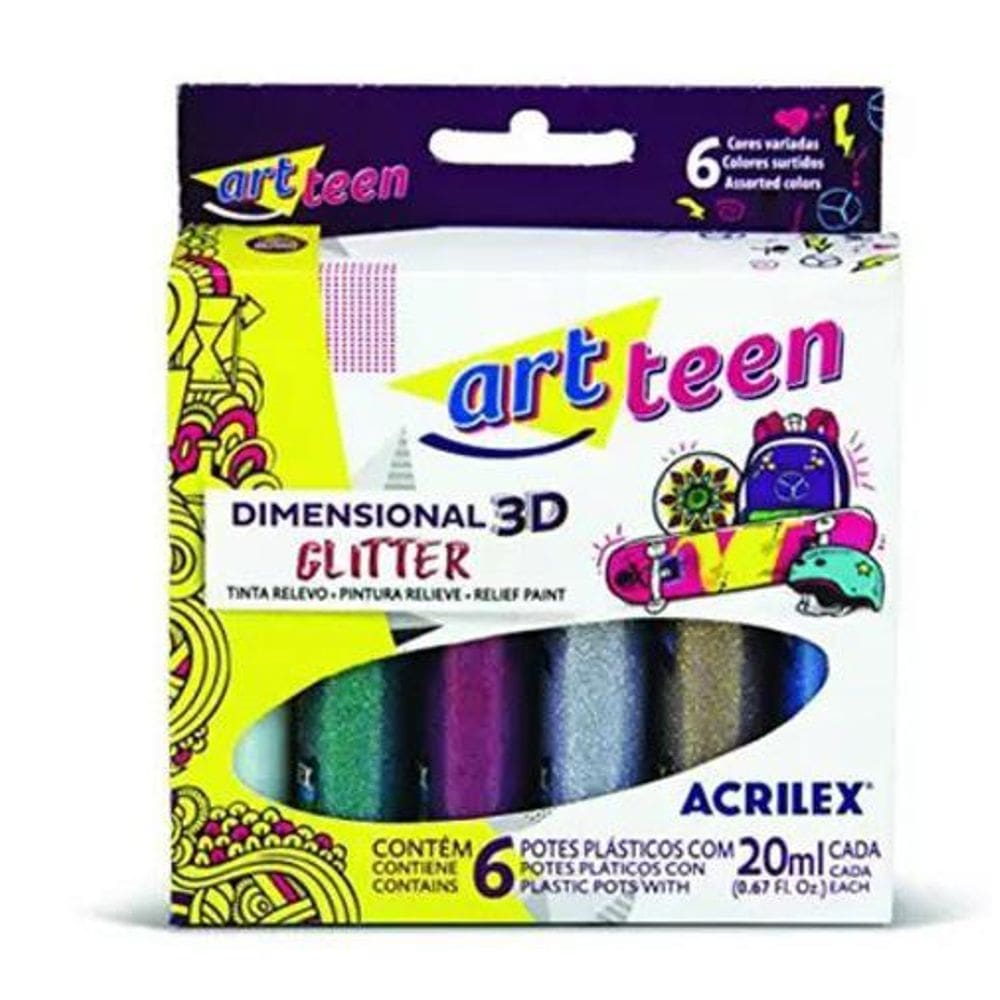 Tinta Dimensional Acrilex Glitter 6 Cores
