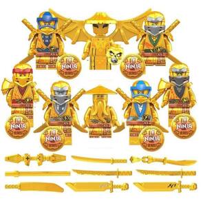 Kit 8 Bonecos Blocos De Montar Dourado Escudo Ninjago