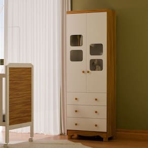 Guarda-roupa Infantil 61,70cm 2 Portas com Janelas e 3 Gavetas com Pés 100% Mdf Mimo Espresso Móveis Branco Brilho/Amêndoa