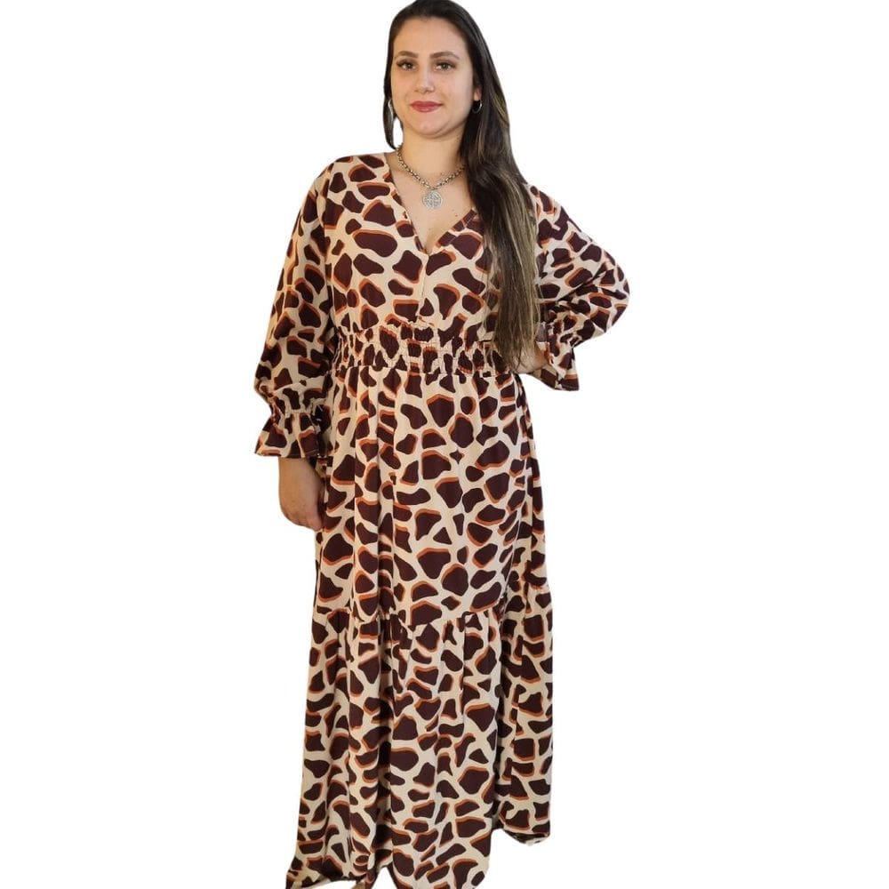 Vestido Longo Estampado Animal Print Manga Lastek Vitoria Domenica