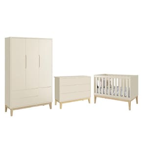Dormitório Completo Infantil Classic 3 Portas, Cômoda 6 Gavetas e Berço com Pés Madeira Natural- Reller Móveis