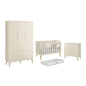 Dormitório Theo 3 Portas, Cômoda 3 Gavetas com Pés Madeira Natural e Colchão D18 - Reller Móveis