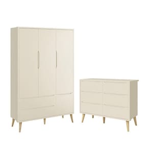 Jogo de Quarto Infantil Theo Guarda Roupa 3 Portas e Cômoda 6 Gavetas com Pés Madeira Natural- Reller Móveis