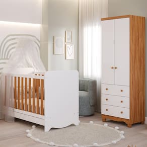 Quarto de Bebê Completo Berço Americano Ben 3 Em 1 Guarda Roupa Júnior 2 Portas 3 Gavetas Branco Carvalho 100% MDF Móveis Peroba