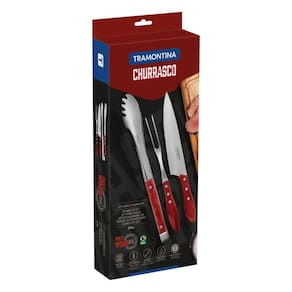 Jogo Para Churrasco Tramontina Em Aço Inox Com Cabo Vermelho Polywood 3 Peças