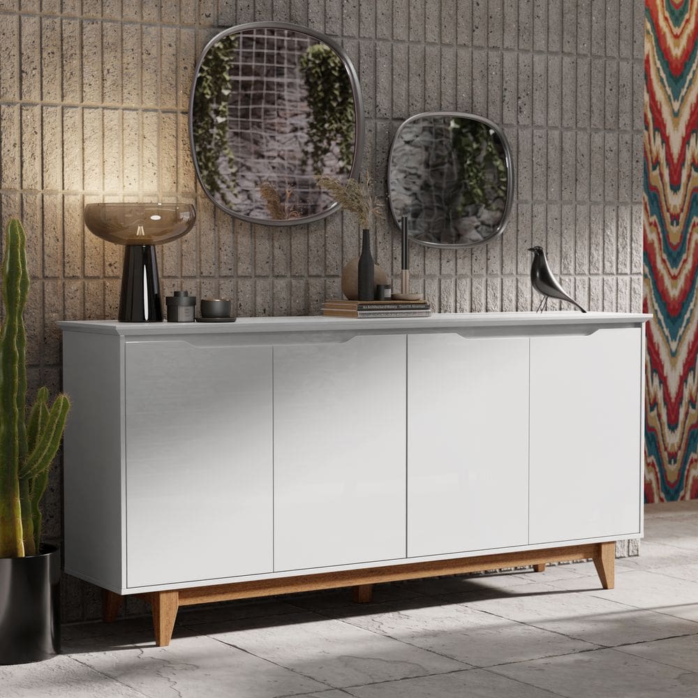 Buffet Aparador para Sala de Jantar Branco / Freijó 4 Portas Pés em Madeira Maciça