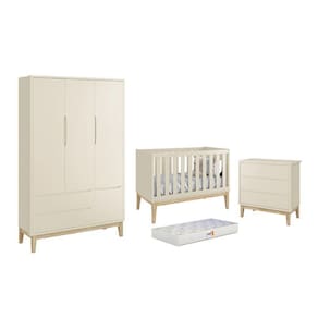 Dormitório Classic 3 Portas, Cômoda 3 Gavetas com Pés Madeira Natural e Colchão D18 - Reller Móveis