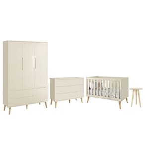 Dormitório Completo Infantil Theo 3 Portas, Cômoda 6 Gavetas, Berço e Mesa de Canto com Pés Madeira Natural- Reller Móveis
