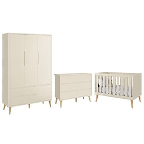 Dormitório Completo Infantil Theo 3 Portas, Cômoda 6 Gavetas e Berço com Pés Madeira Natural - Reller Móveis