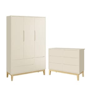 Jogo de Quarto Infantil Classic Guarda Roupa 3 Portas e Cômoda 6 Gavetas com Pés Madeira Natural- Reller Móveis