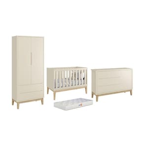Dormitório Classic 2 Portas, Cômoda com Porta com Pés Madeira Natural e Colchão D18 - Reller Móveis