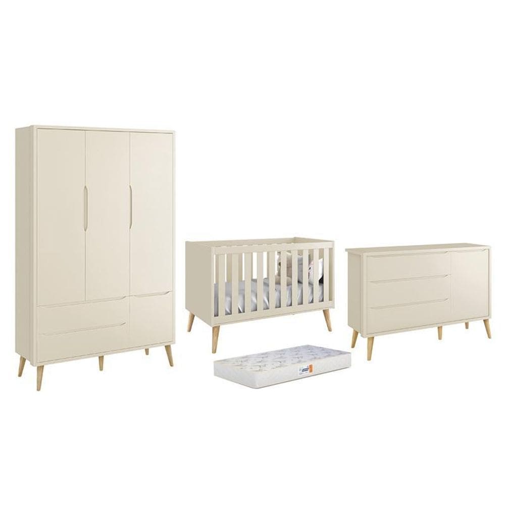 Dormitório Theo 3 Portas com Pés Madeira Natural e Colchão D18 Branco - Reller Móveis