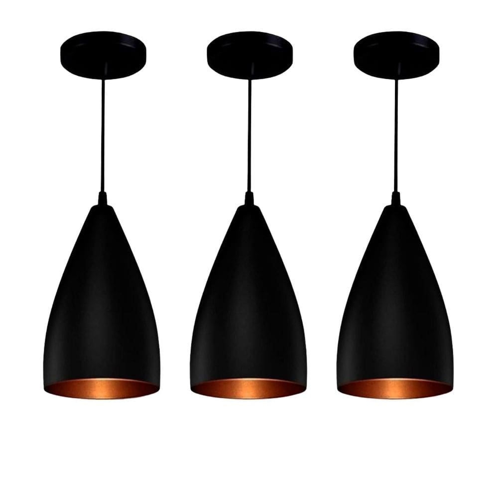 Kit 3 Lustres Pendentes Vegas Preto/Cobre 20x15cm R.R.J.V