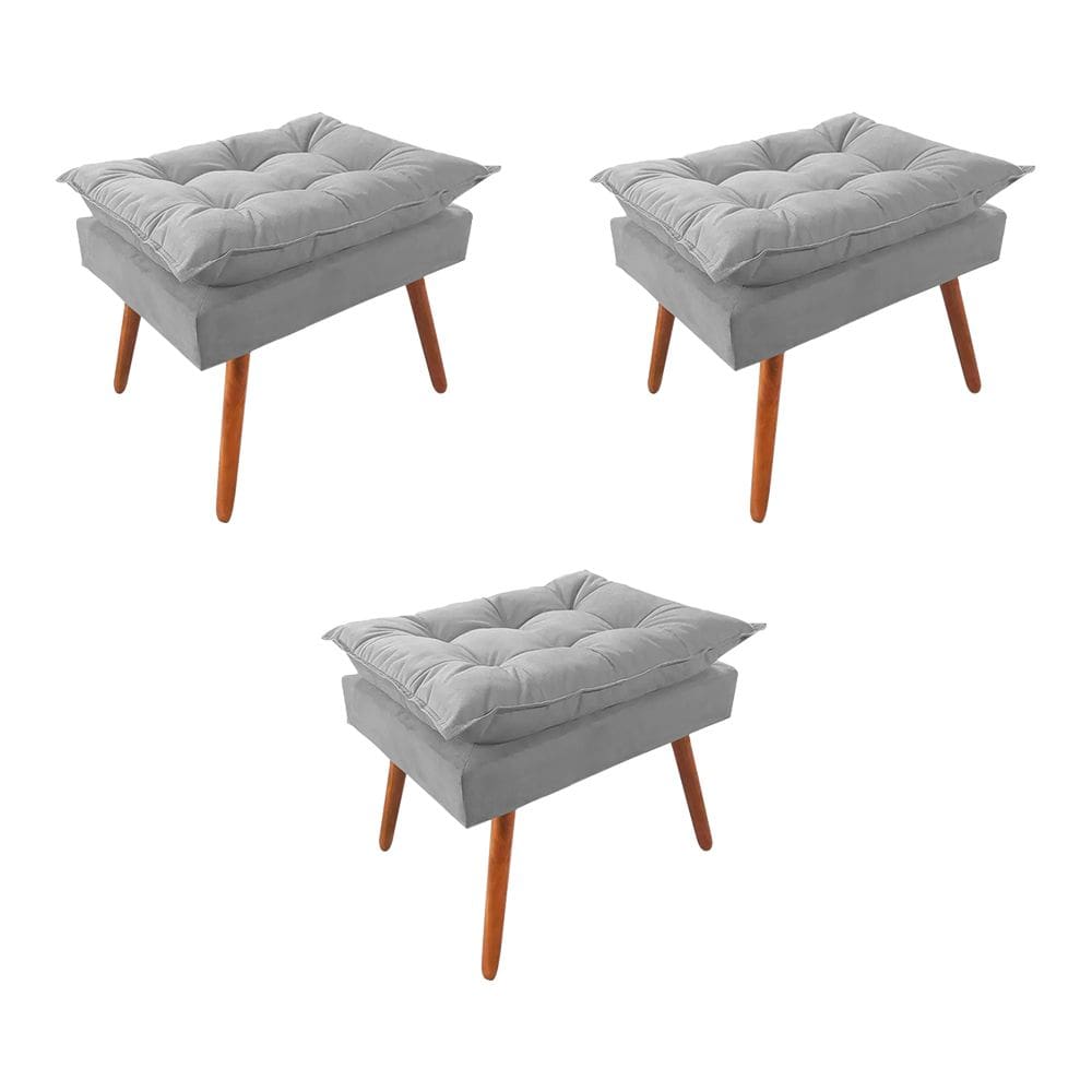 Kit 3 Puff Opala Premium Almofadada para Decoracao Sala de Estar Veludo Cinza Claro