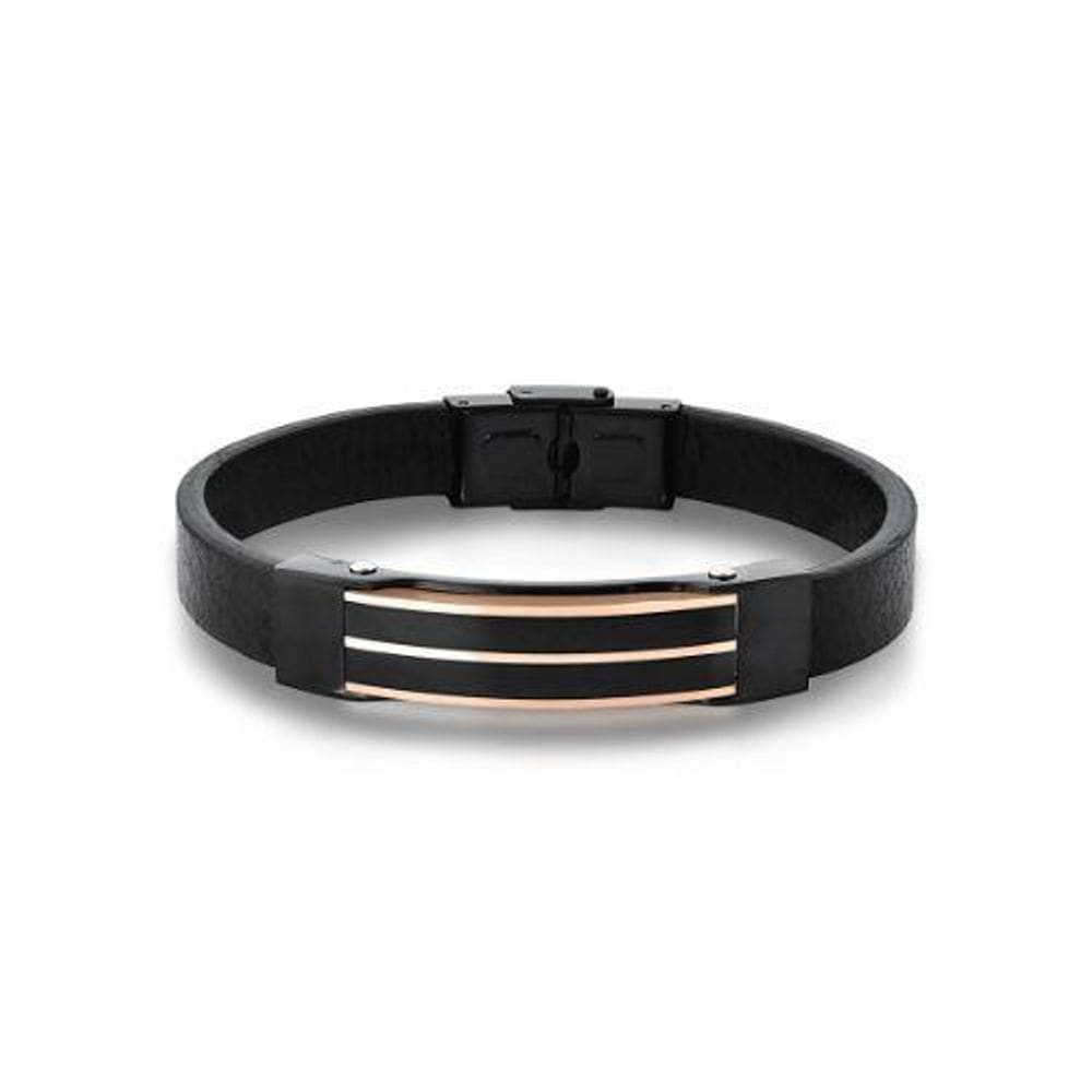Pulseira Masculina Em Courino Com Placa Negra Em Aço Rosê