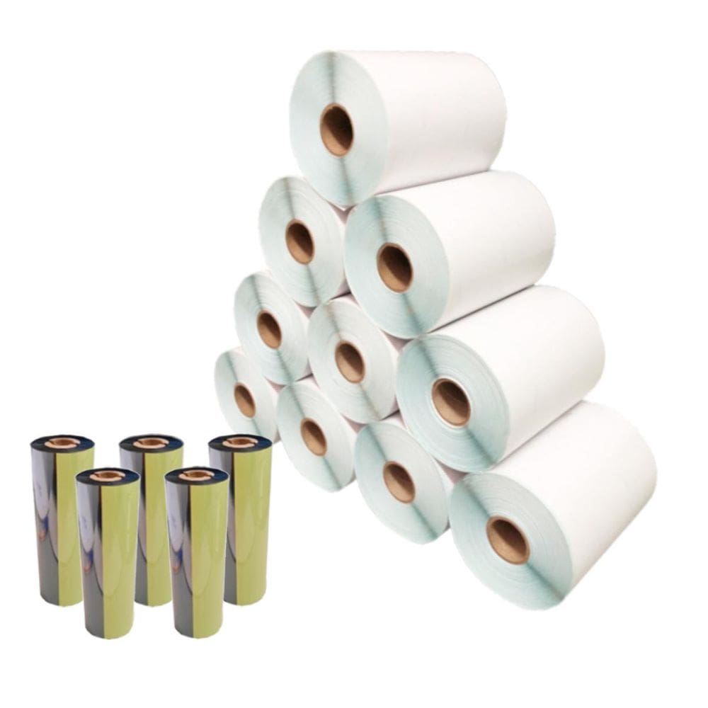 Kit 10 Rolos Etiqueta Couche 34X45 X3 Colunas + 5 Ribbons