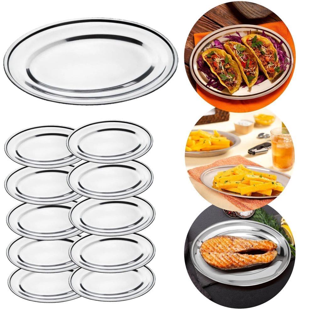 10 Travessas Rasas Ovais Inox 22Cm Porções Quente E Fria