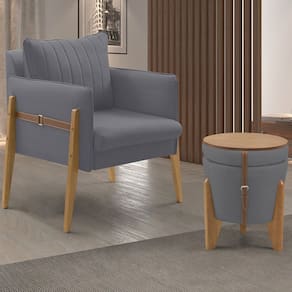 Conjunto para Sala de Estar com Poltrona e Puff Orion Veludo Cinza