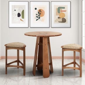 Conjunto Mesa Bistrô Dália Ø80 Tampo Madeira e 04 Banquetas Alta em Madeira de Eucalipto Marrom